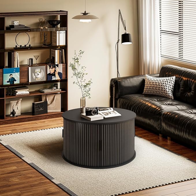 Coffee Table with Storage,31.5" Wood Round Coffee Table Hidden Storage and Open Shelves with 360°Curved Sliding Door,for Living Room Office Apartment,Black