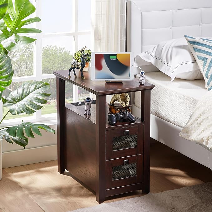 Farmhouse XXL End Table with Charging Station, Narrow Side Table with USB Ports and Outlets, Nightstand with 2 Drawers Storage, Bedside Tables for Living Room, Bedroom, Rustic Cherry