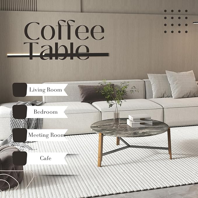 Modern Round Coffee Table, 36’’ Wide Wooden Side Table Mid-Century End Table with Wood Legs Metal Support for Living Room Bedroom, Black