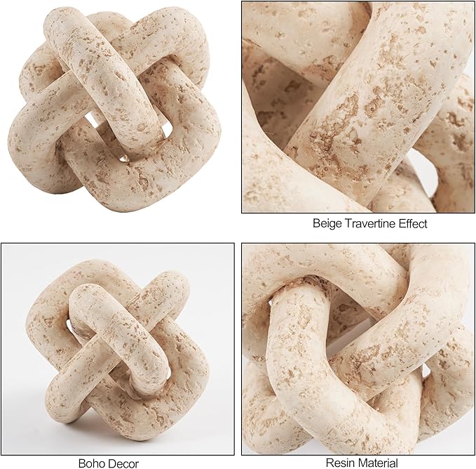 DN DECONATION 3 Link Knot Decor, Beige Travertine Coffee Table Decoration, Boho Resin Chain Link Decor, Modern Shelf Entryway Objects for Home Living Room Farmhouse Bedroom Inspired Aesthetic Art