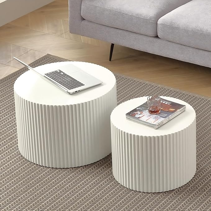 KEVINSPACE Round Coffee Table Set of 2 Nesting CoffeeTable Modern for Living Room, Round End TableSet, Wooden Circle Side Table No Need Assembly Accent Furniture for Bedroom Balcony Lounge White