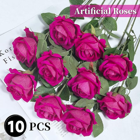 10 PCS Artificial Roses with Long Stems Silk Flowers Realistic Foam Flowers Fake Roses for Valentine's Day Home Wedding Decor(Freud)