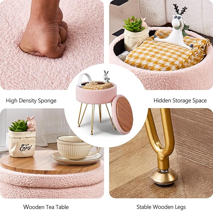Wimarsbon Storage Ottoman,Teddy Velvet Vanity Stool,Soft Padded Seat,Round Footrest with Removable Cover and Adjustable Legs,Modern Decorative Accent Footstool or End Table for Hallway (Pink)