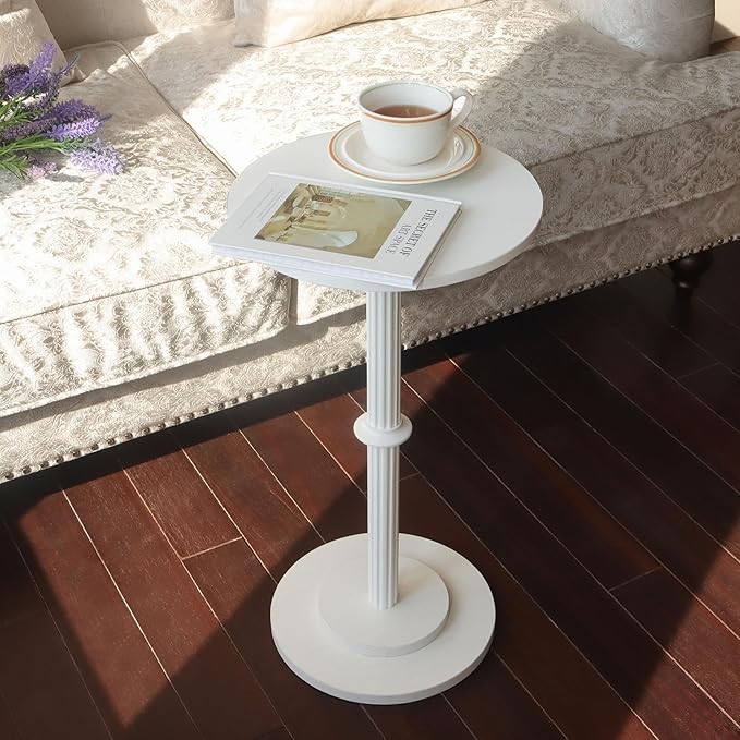 MaxSmeo Drink Table, Small Side Table for Small Spaces, Modern Round End Table with Fluted Wood Leg, White