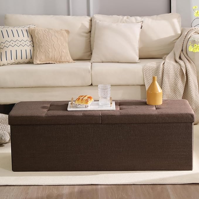 CUYOCA 45.3 Inches Storage Ottoman Bench Foldable Seat Footrest Shoe Bench End of Bed Storage with Flipping Lid, 166L Storage Space, Linen Fabric Brown