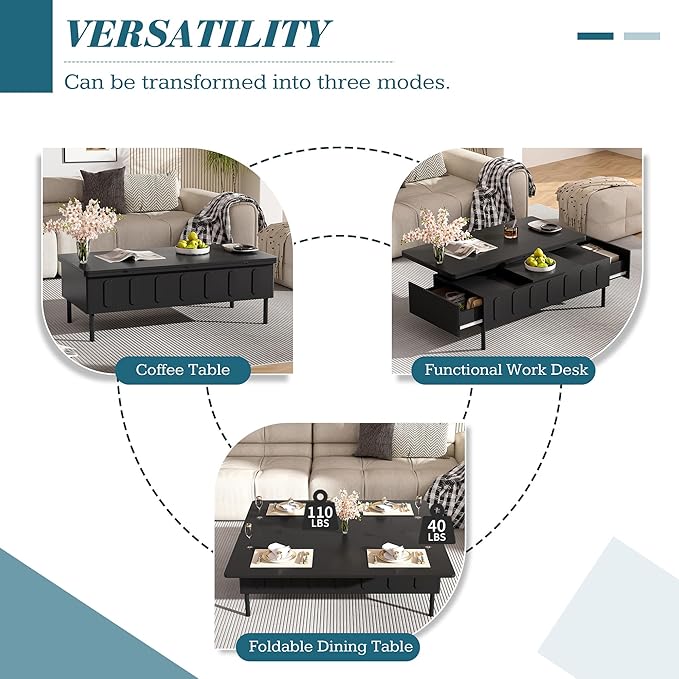 43.3-Inch Lift Top Coffee Table with Hidden Storage & 2 Drawers, Modern Multifunctional Center Table with Foldable Top for Living Room, Black