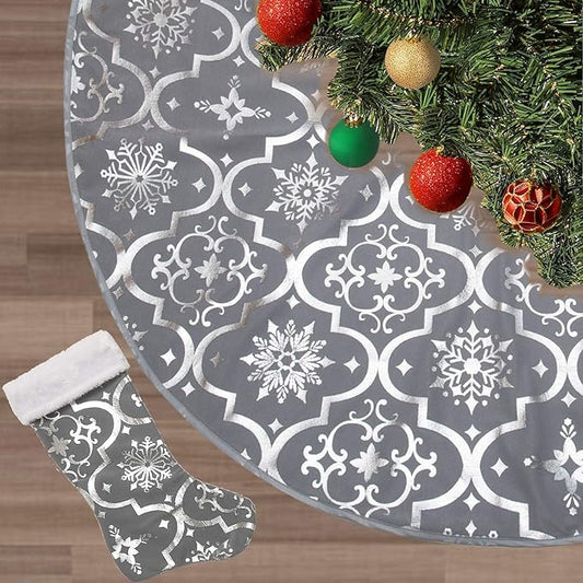 Flash World 36 Inch Large Christmas Tree Skirt Xmas Soft Cover Mat Decor Snowflake Collar Farmhouse Tree Skirt for Holiday Ornaments Party Home Indoor Decorations (Grey, 36INCH)