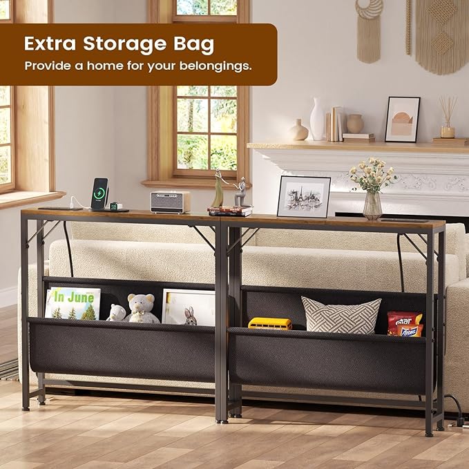 31.5'' Small Console Table with Charging Station and Storage, Narrow Sofa Table with Power Outlets, Behind The Couch Table, for Living Room, Foyer, Entryway, Hallway, Rustic Brown