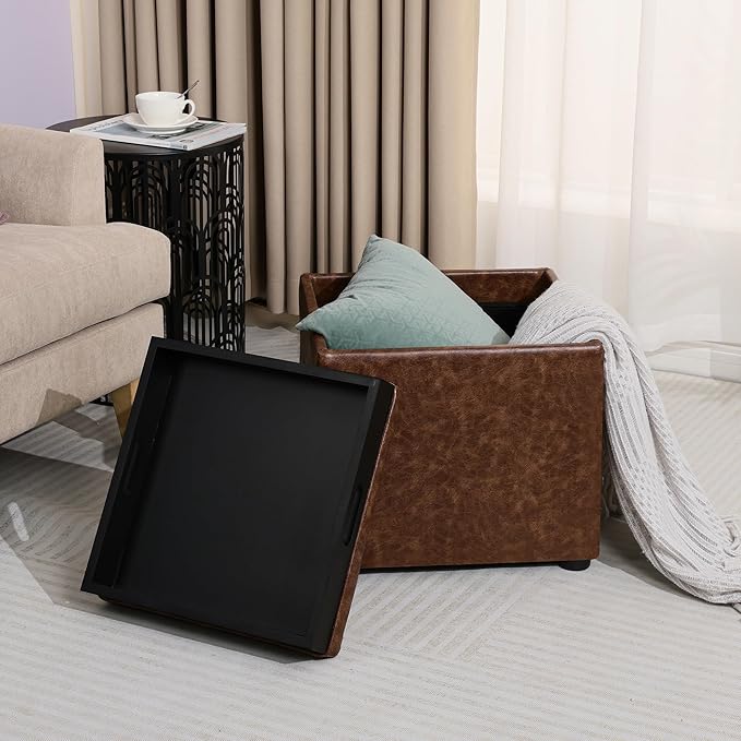 Adeco 17" Storage Ottoman Cube with Tray Lid, Small Footstool with Storage, Square End Table for Living Room & Bedroom