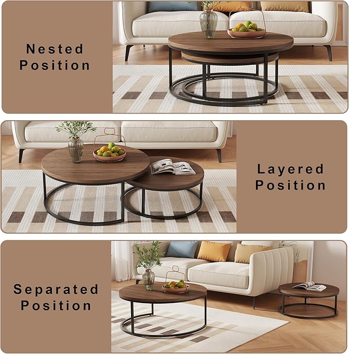 Round Nesting Coffee Table Set of 2, Modern Minimalist Accent Tables for Living Room, Bedroom, Office, Stackable Side Tables (Espresso)