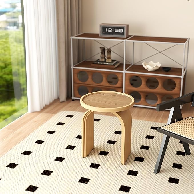 17.7”Wide Modern Side Table, Natural Wooden End Table, Round Accent Table for Small Spaces, Bedside, Couch Side, Narrow Nightstand for Living Room