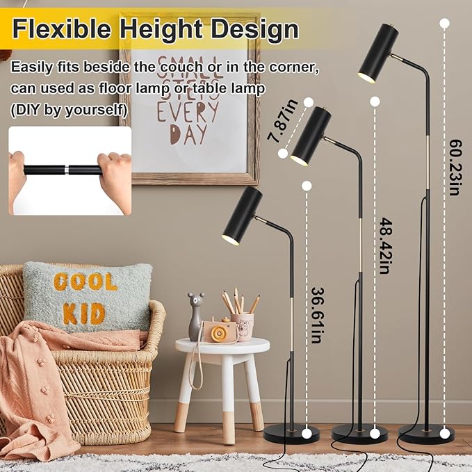 Floor Lamp, Industrial Floor Lamps for Living Rooms & Bedrooms - Rustic Farmhouse Reading Lamp Standing, Adjustable Metal Heads Indoor Task Lighting for Living Room Office Home Décor (LED Black)