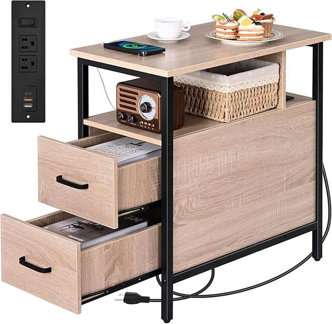 Livofloral Side Tables with Charging Station, Narrow End Table with 2 Wooden Drawers, USB Ports and Power Outlets, Narrow Nightstand and Bedside Table, Side Tables Living Room, Bedroom, Greige