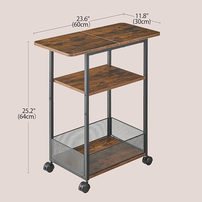 Side Table with Wheels, Narrow Side Table with 3-Layer Storage Shelves, Slim Nightstand, Metal Frame, for Small Spaces, Living Room, Bedroom, 23.6" D x 11.8" W x 25.2" H, Rustic Brown