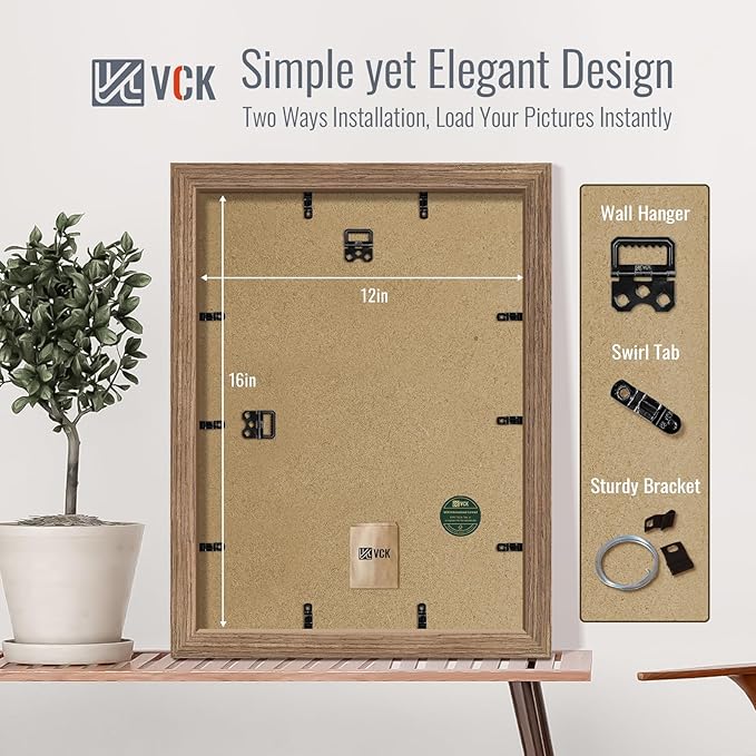 VCK 12x16 Picture Frame 5 Pack - Walnut, High-End Wood Poster Frames with Tempered Glass, Display 8.5x11 Photo with Mat or 12x16 without Mat, Art Gallery-Quality, Wall Hanging, Walnut