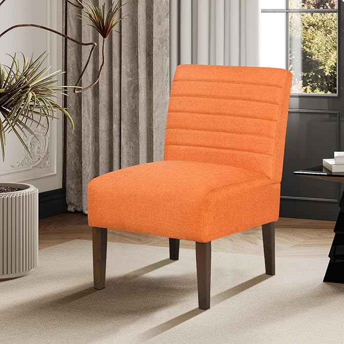 Slipper Accent Chair Modern Armless Lounge Chair with Wood Legs Upholstered Makeup Vanity Tufted Side Chair Fabric Comfy with Decor Back for Living Room Bedroom Patio (Horizontal Back, Orange)