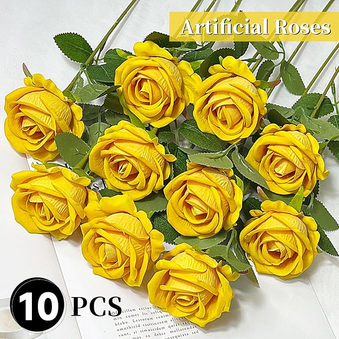 10 PCS Artificial Roses with Long Stems Silk Flowers Realistic Foam Flowers Fake Roses for Valentine's Day Home Wedding Halloween Decor(Yellow)