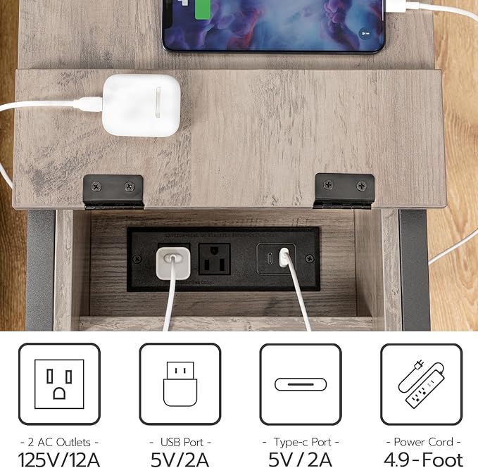 HOOBRO End Table with Charging Station, Narrow Side Table, Small Nightstand, Bedside Tables with Drawer and Storage Shelves, for Small Spaces, Living Room, Bedroom, Greige and Black BG041BZ01G1