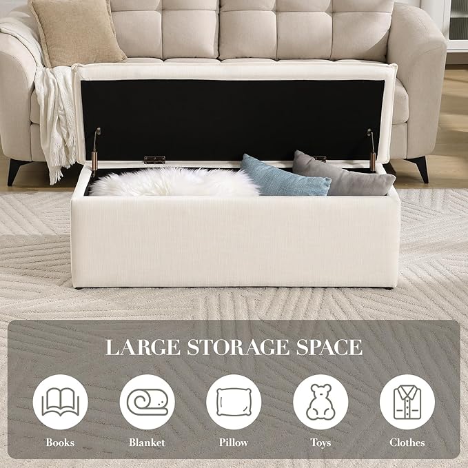 CIMOTA Storage Ottoman Bench, Upholstered End of Bed Storage Bench with Safety Hinge, Large Storage Chest with Seating, Modern Entryway Bench for Bedroom, Living Room, Linen Beige