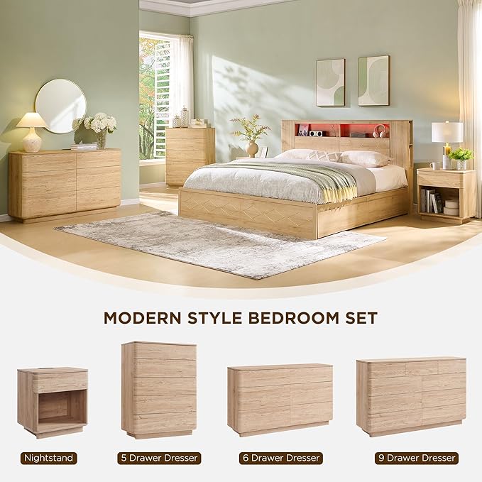 ACCOHOHO Modern Nightstand with Charger Station, 22" Wide Night Stand with Storage Drawer & Open Shelf, Large Bedside Table for Bedroom, Wood End Table, Curved Profile, Natural Oak