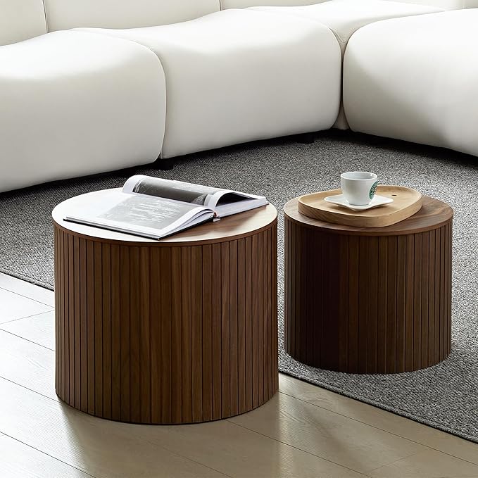 Small Nesting Round Coffee Table Set of 2, Modern Wooden Circle Accent End Side Table for Living Room, Bedroom, No Assembly Required, Brown