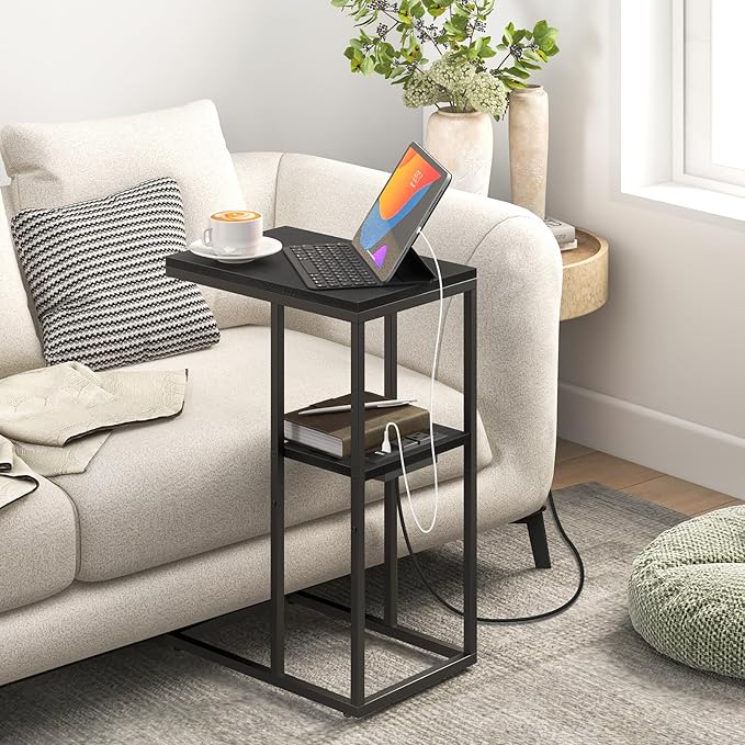 Yoobure C Shaped End Table with Charging Station for Living Room, Bedroom, Sofa Table with USB Ports and Outlets for Small Spaces, Couch Rustic Snack Bed Table