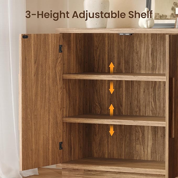 Sideboard Buffet Cabinet, Small Buffet Cabinet with Adjustable Shelf, Modular Wood Credenza Storage Console Table with 2 Magnetic Doors for Entryway, Living Room, Kitchen, Walnut, Brown