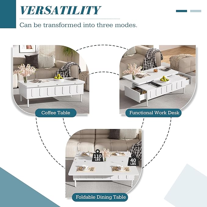 43.3-Inch Lift Top Coffee Table with Hidden Storage & 2 Drawers, Modern Multifunctional Center Table with Foldable Top for Living Room, White