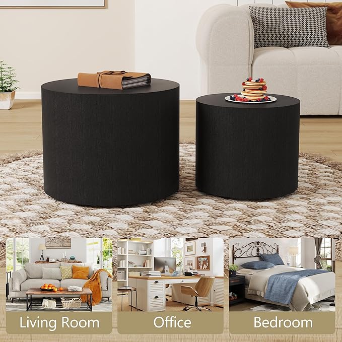 Nesting Coffee Table Set of 2, Round Wood Black Coffee Tables Modern Circle Coffee Tables Side End Table for Small Spaces Living Room, Bedroom, Balcony, Office