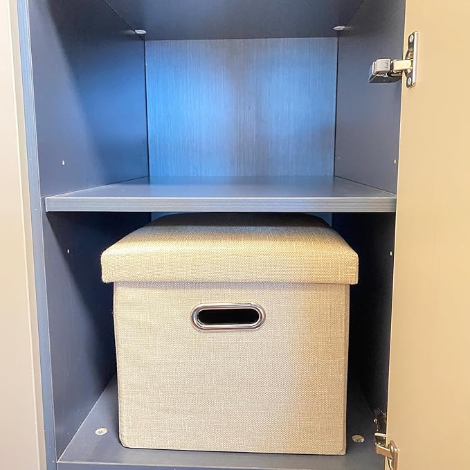 12 Inches Folding Ottoman with Storage Linen Fabric Foot Stool Storage Thick Sponge Padded Seat Ottoman for Bedroom Living Room(Beige)