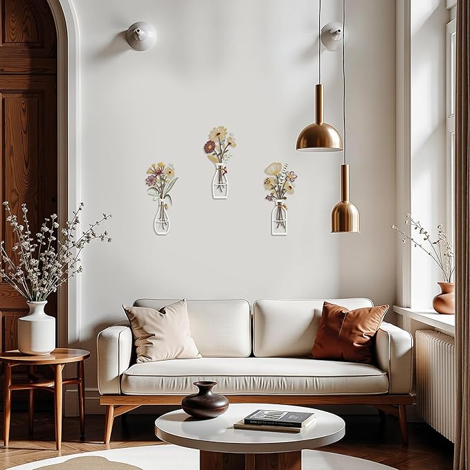 Iron Metal Vase Flower Wall Art Set of 3 - Minimalist Black Floral Decor for Living Room Bedroom Kitchen, Office Garden - Modern Farmhouse Home Decor & Housewarming Gifts (Yellow-Brown)