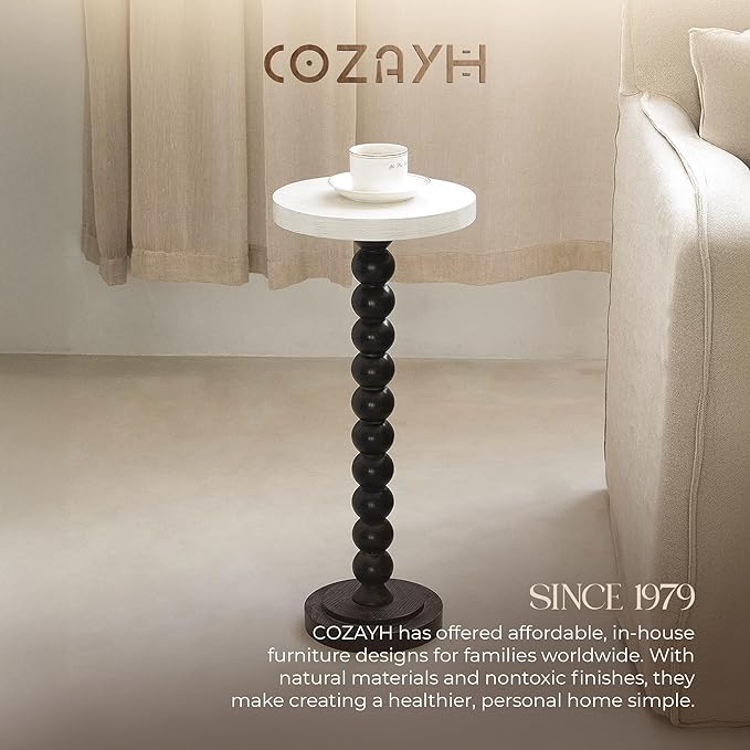 COZAYH Small Pedestal End Table, Living Room Accent Side Table Display Stand, Drink Table with Wood Top & Distressed Metal Spindle Base, White & Black