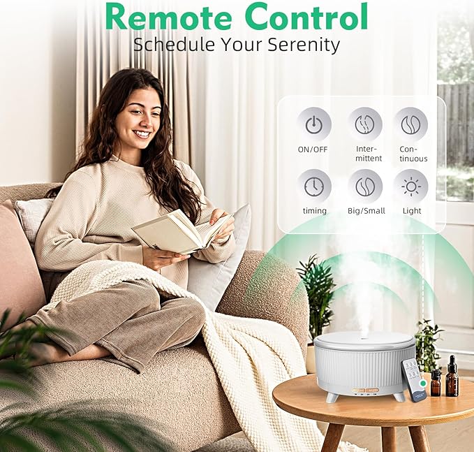 500ML Large Capacity Essential Oil Diffuser, Ultrasonic Aromatherapy Diffuser with 7 Color LED Lights with Remote Control, Cool Mist Humidifier, Timed Mist, Auto Shut-Off (Minimalist White)