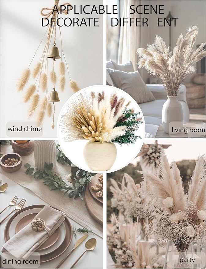 100 PCS Pampas Grass (Vase Not Included), Dried Flowers Bouquets, Wedding Table Decor, Bedroom, Rustic Farm Decor.(Green)