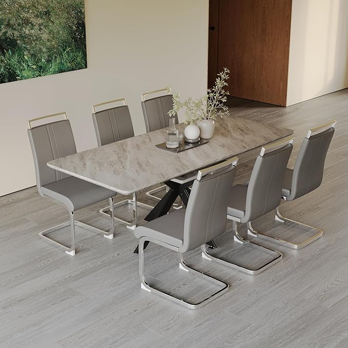 Marble Dining Table for 4-8, 62.4''-78.15'' Extendable Dining Table, Modern Kitchen Table, Space Saving Rectangular Table for Office and Dining Room (Grey)