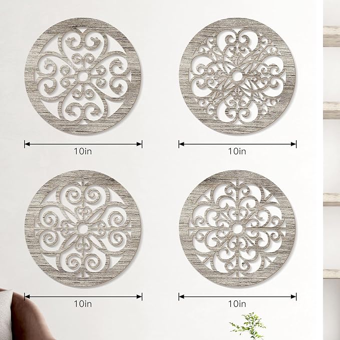 Zzbakress 4 Pieces Farmhouse Wall Decor Rustic Circle Wall Decor Wooden Hollow Carved Round Wall Art for Living Room Bedroom Kitchen Bathroom Home Wall Decoration (Delicate, Retro)