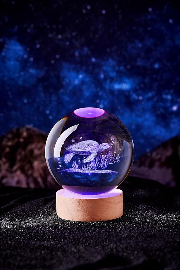 Crystal Ball Lamp with LED Wooden Base, 16 Colors Change & Remote Control Crystal Ball Night Light, Upgraded 3.15 Inch Glass Light, Gift for Kids Wife Girlfriend (sea Turtle)