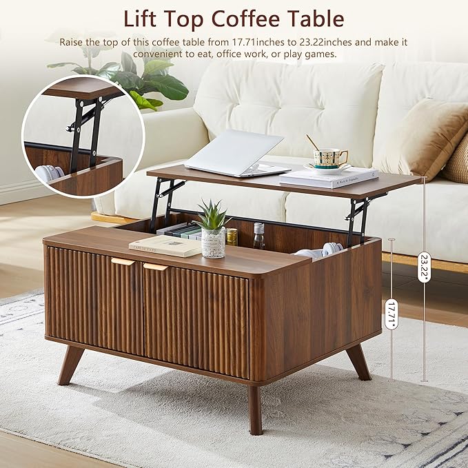 Fluted Lift Top Coffee Table with Large Hidden Compartment, 31.5” Wooden Center Table with Storage, Mid Century Modern Lift Tabletop Coffee Tables for Living Room Home Office, Walnut