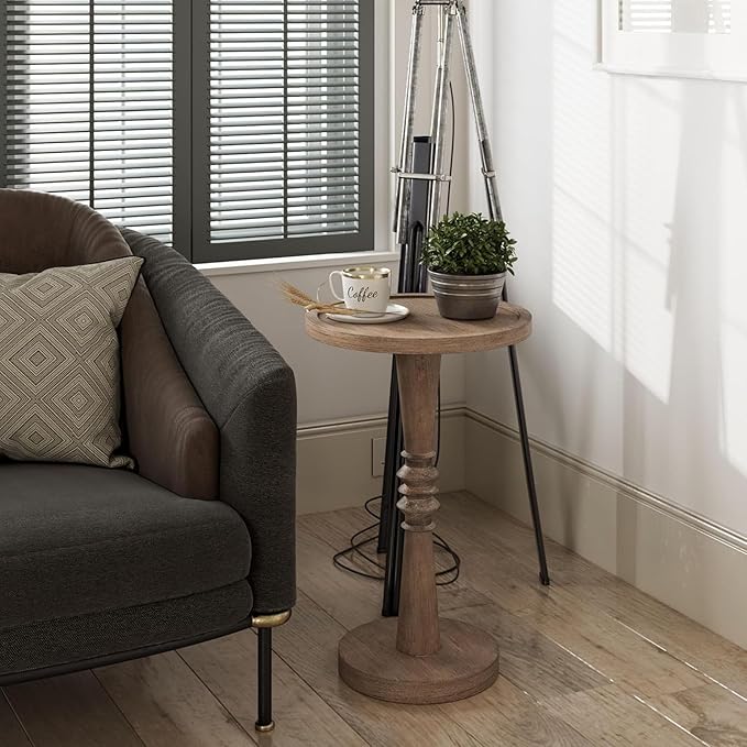 Pedestal Small Drinking Table, Farmhouse Tray Top End Table, Distressed Finish, Wood Color