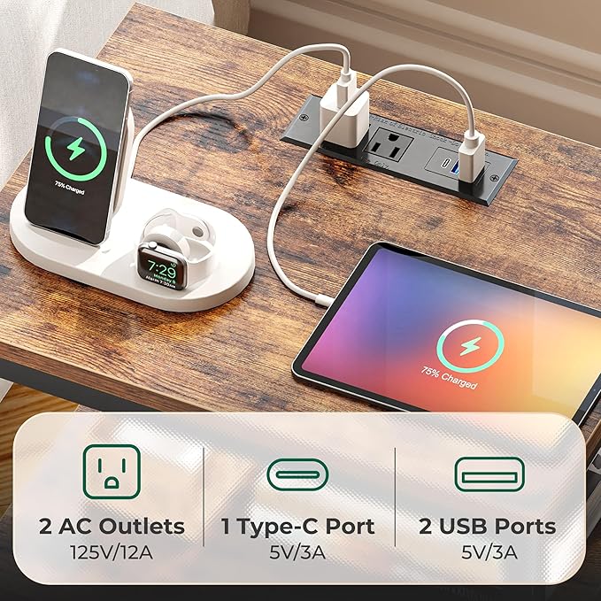 Huuger Night Stand with Charger Station and LED Lights, 2 Drawer Nightstand, Bed Side Table with Open Shelf, End Table, Fabric Dresser for Bedroom, Rustic Brown