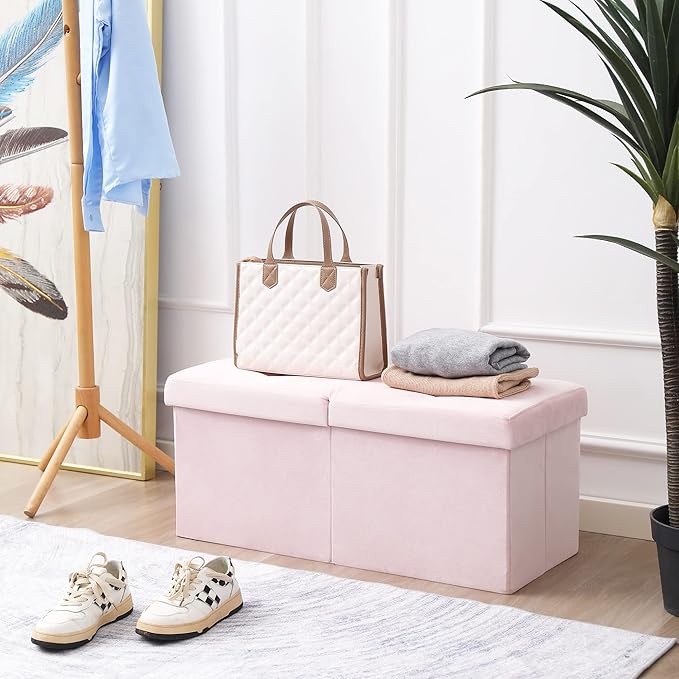 CUYOCA Storage Ottoman Bench Foldable Seat Footrest Shoe Bench End of Bed Storage with Flipping Lid, 75L Storage Space, 30 inches Velvet Pink