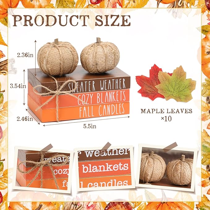 KORMMCO Thanksgiving Decor, Fall Tiered Tray Decor, Wood Book Stack with Maple Leaves & Pumpkins, Farmhouse Mini Decorative Books Bundle, Fall Decor for Table
