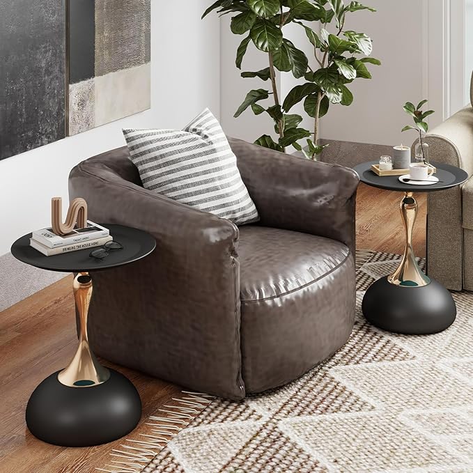 Metal Round End Table,Modern Pedestal Table,Corner Drink Tables,Accent Side Table Nightstand for Living Room,Patio and bar (Matte Black)