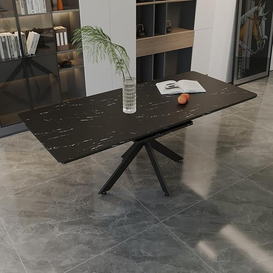Marble Dining Table for 4-8, 62.4''-78.15'' Extendable Dining Table, Modern Kitchen Table, Space Saving Rectangular Table for Office and Dining Room(Black)