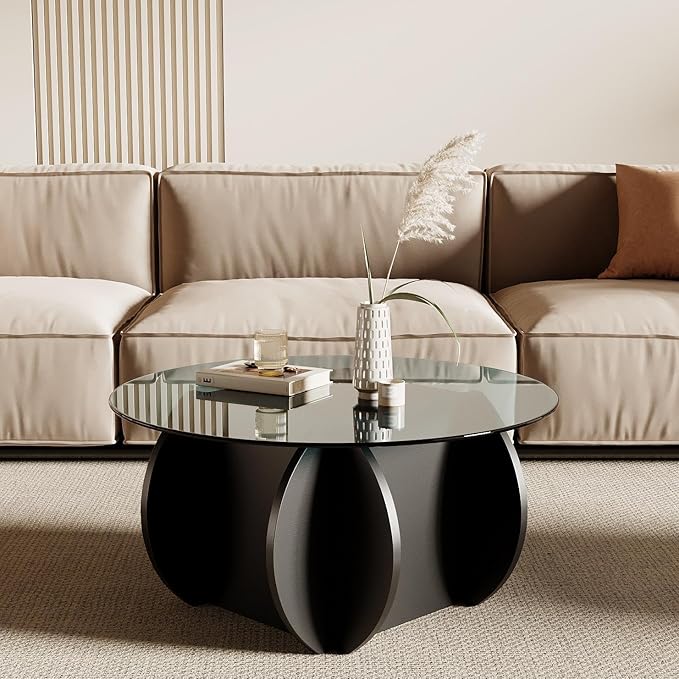 Honyee Round Glass Coffee Table, 30.7" Small Coffee Table with Tempered Glass Top and Wood Grain Base, Modern Circle Coffee Table for Living Room, Easy Assembly, Black