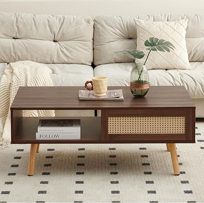 IANIYA Boho Coffee Table with Storage, Dining Table with Rattan Drawer and Solid Wood Legs, Small Center Tables for Living Room Small Space (Brown)