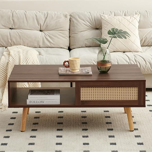IANIYA Boho Coffee Table with Storage, Dining Table with Rattan Drawer and Solid Wood Legs, Small Center Tables for Living Room Small Space (Brown)