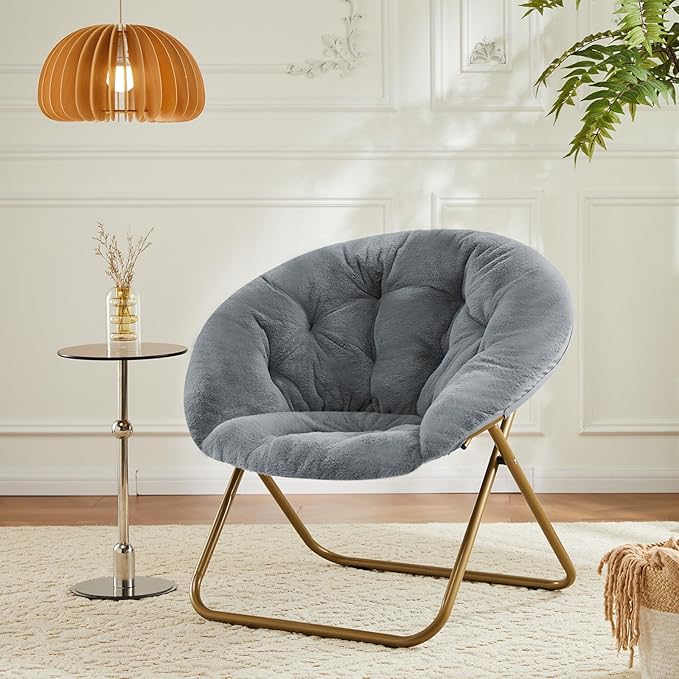 DUMOS Comfy Saucer Chairs Cozy Faux Fur Soft Lounge Cute Folding Bedroom Living Room Seat Flexible Reading Foldable Seating for Kids Adults Thick Padded Metal Frame Modern for Home Office Grey