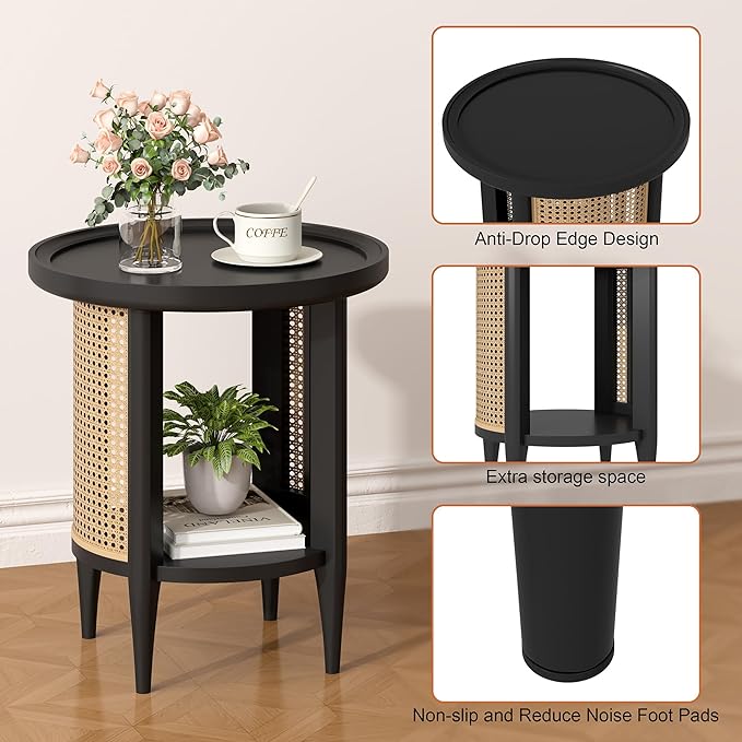 Yusong Round End Table Rattan Style Side Table with Solid Wood Legs, Boho Style Nightstand Bedside Table with 2-Tier Shelves, Small Coffee Table for Living Room Bedroom Small Spaces Black