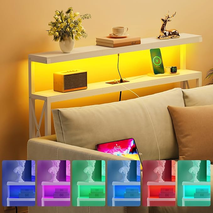 FAVOOSTY 46.8" Skinny Console Table with Charging Station and LED Light,5.9" Narrow Sofa Table with Power Outlets and Type C & USB Port, Behind Couch Table for Living Room, Hallway, EntryWay, White